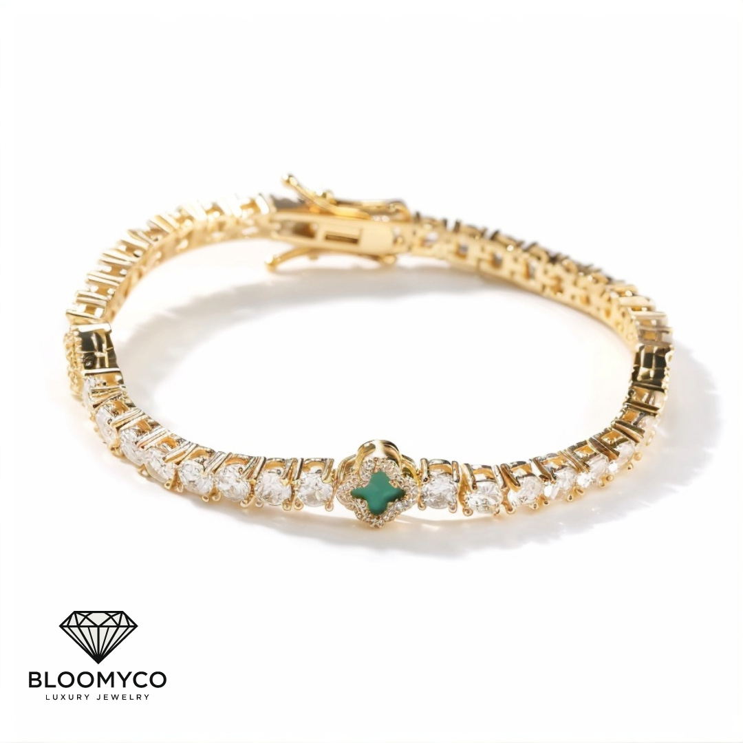 Four-Leaf Clover CZ Tennis Bracelet – Gold & Silver Plated
