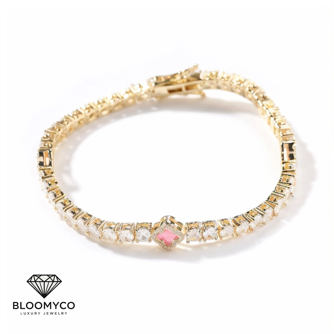 Four-Leaf Clover CZ Tennis Bracelet – Gold & Silver Plated
