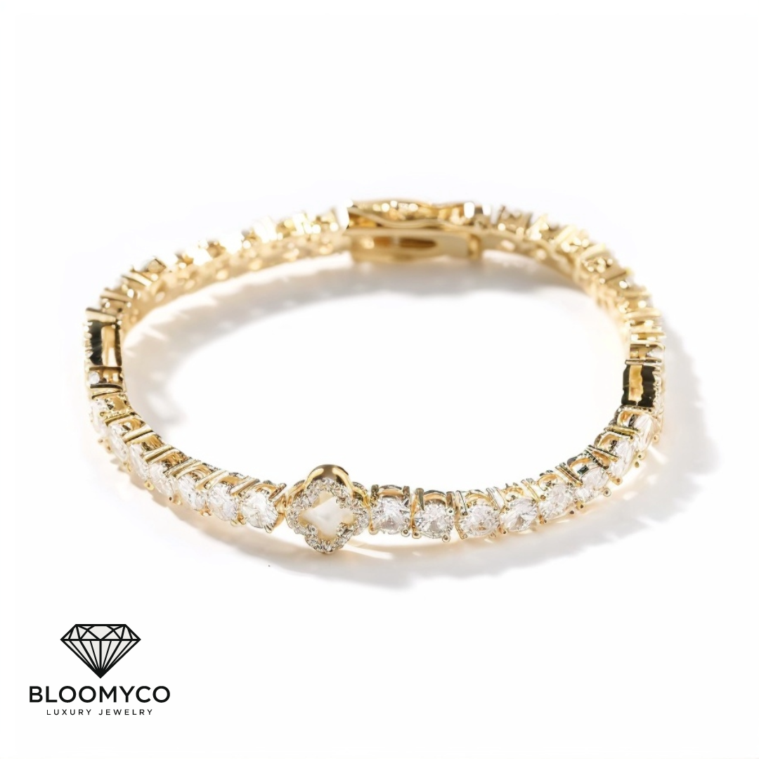 Four-Leaf Clover CZ Tennis Bracelet – Gold & Silver Plated