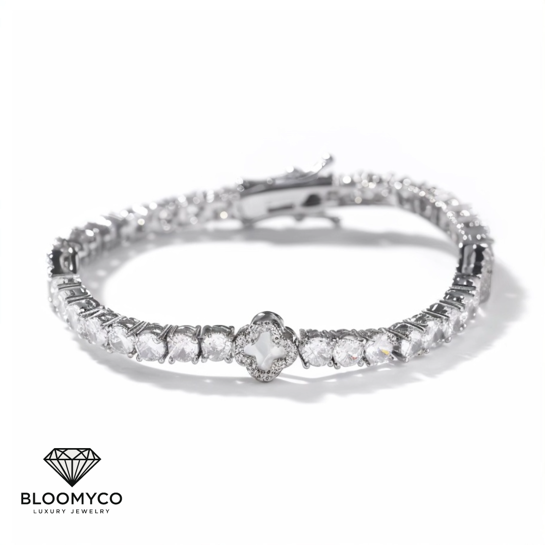 Four-Leaf Clover CZ Tennis Bracelet – Gold & Silver Plated