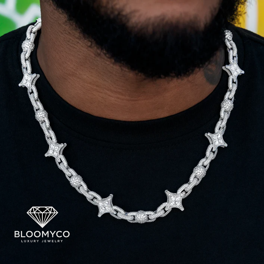 Silver chain necklace with star designs worn by a person, branded as BloomyCo. BloomyCo Star Link Chain iced out with VVS moissanite stones in 925 silver