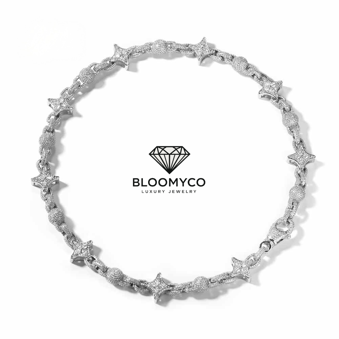 Silver chain necklace with star designs worn by a person, branded as BloomyCo. BloomyCo Star Link Chain iced out with VVS moissanite stones in 925 silver