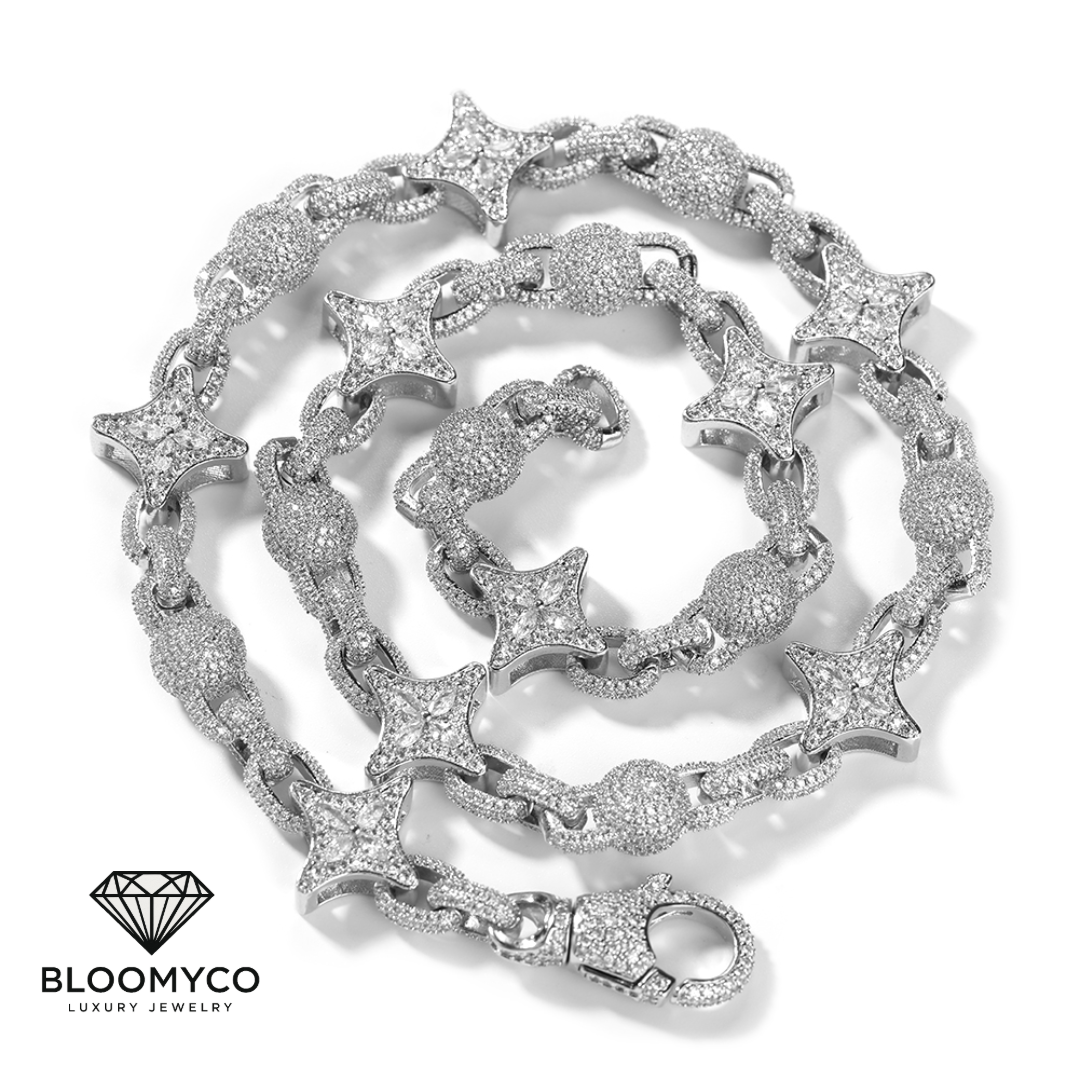 Silver chain necklace with star designs worn by a person, branded as BloomyCo. BloomyCo Star Link Chain iced out with VVS moissanite stones in 925 silver