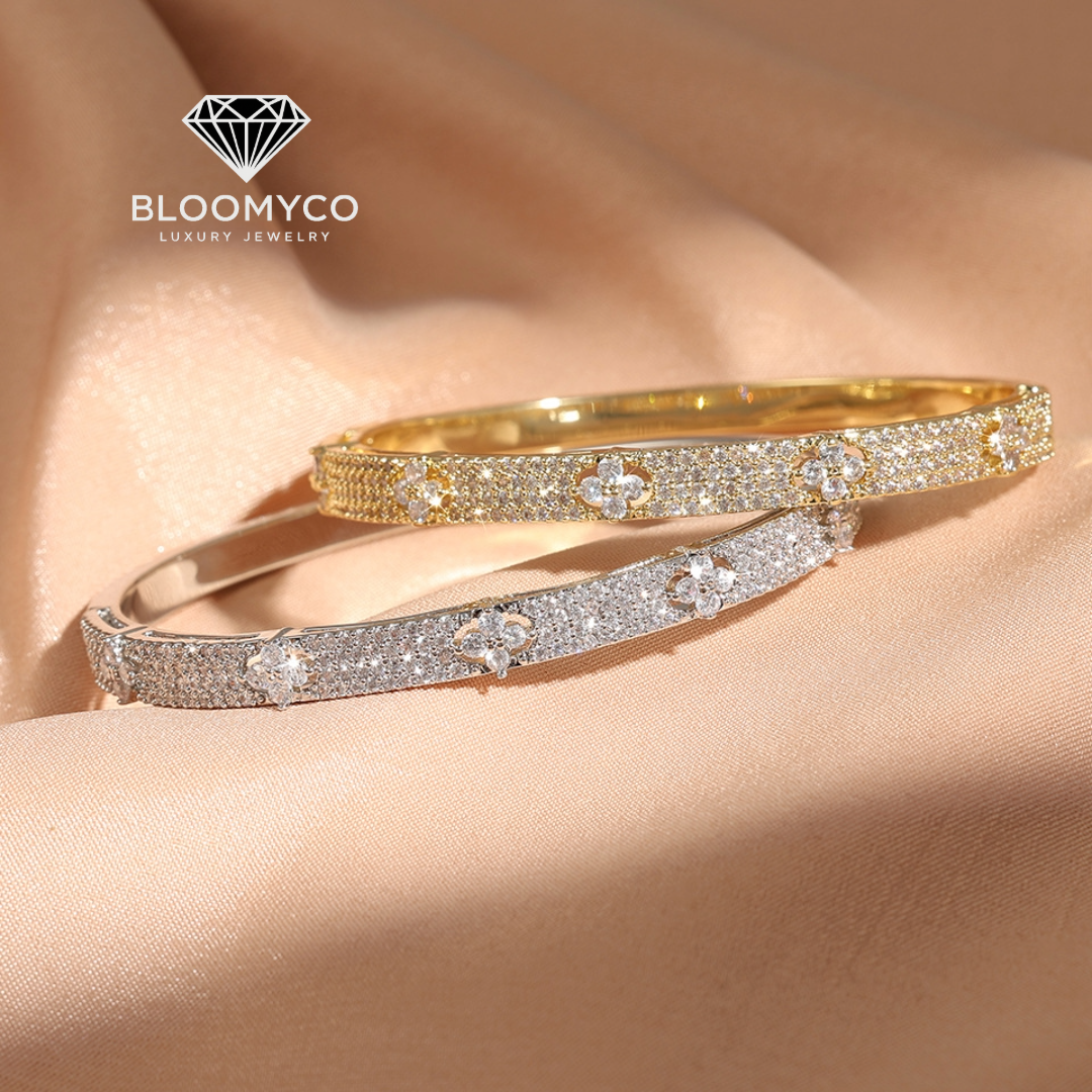 CZ Floral Pavé Bangle – Gold & White Gold Plated