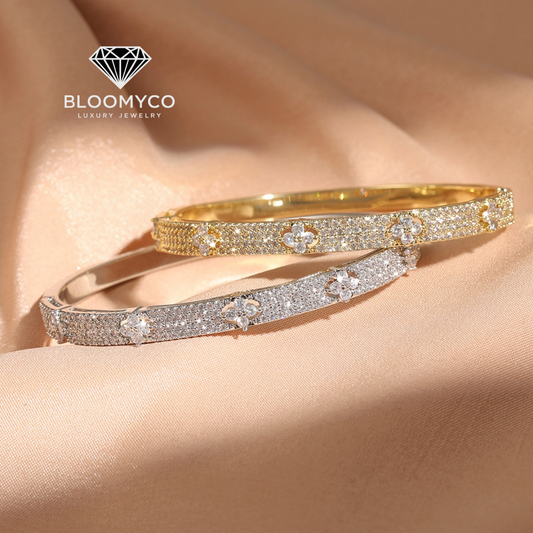 CZ Floral Pavé Bangle – Gold & White Gold Plated
