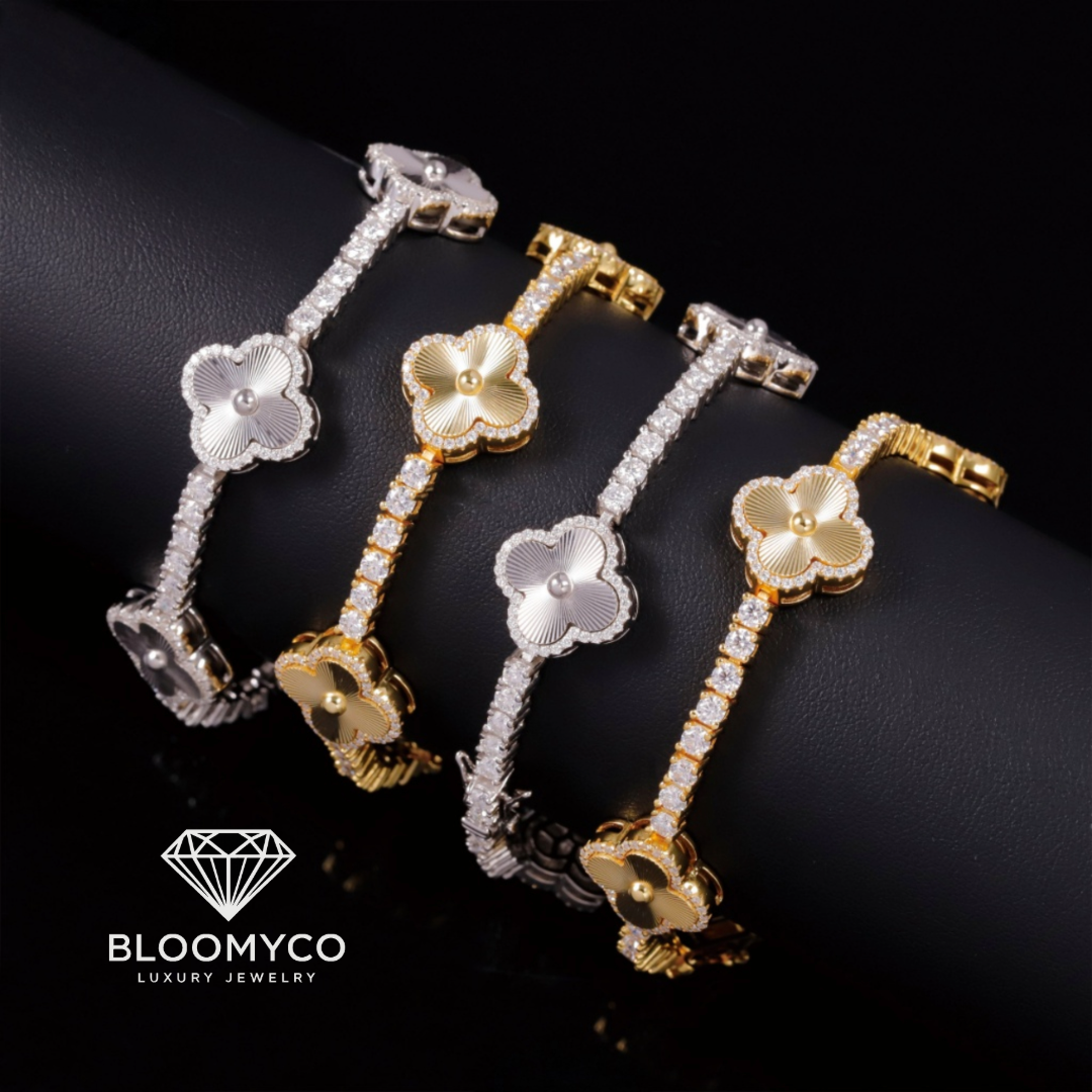 14K Gold 3MM Moissanite Four-Leaf Clover Tennis Bracelet