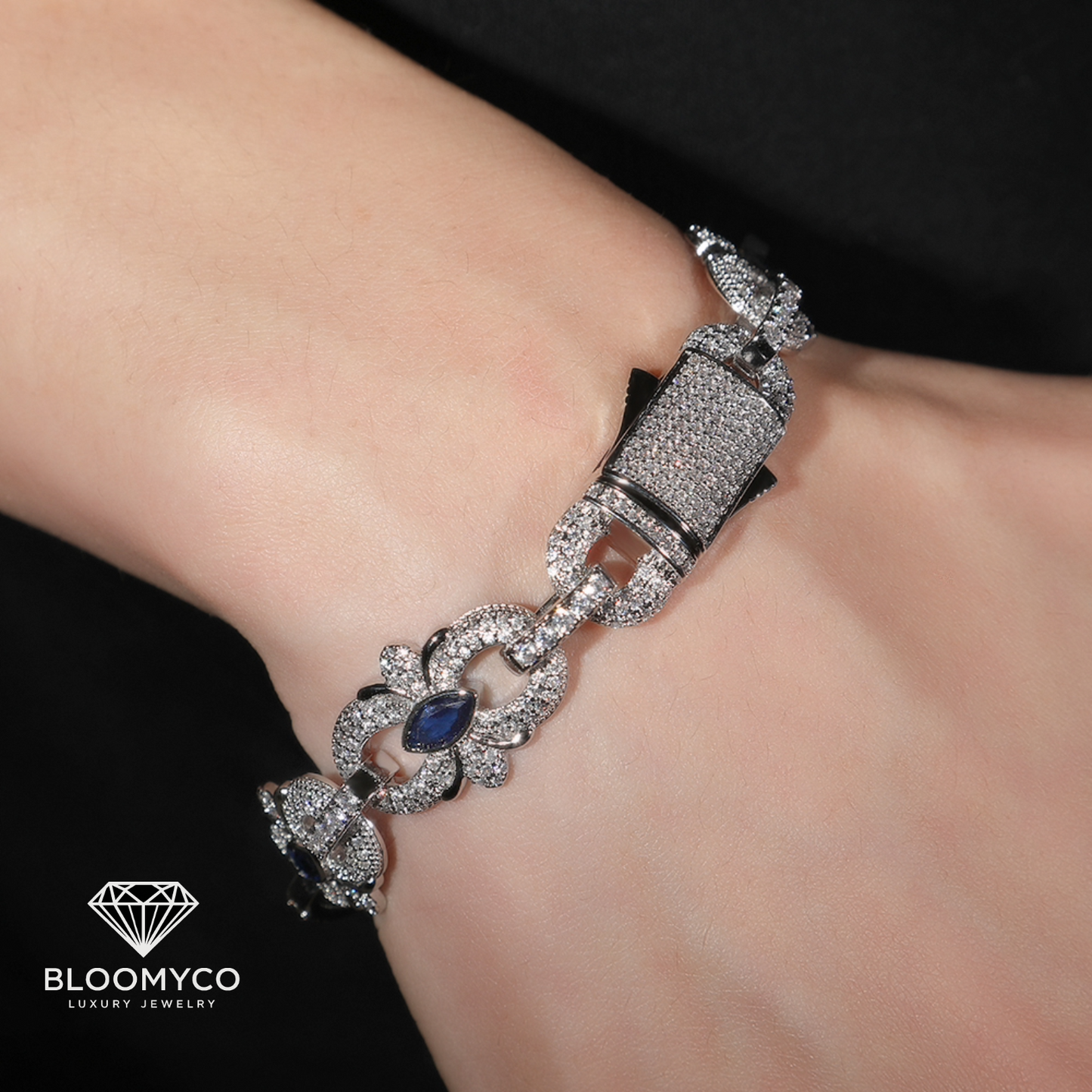 Flower Link CZ Bracelet – White Gold Plated