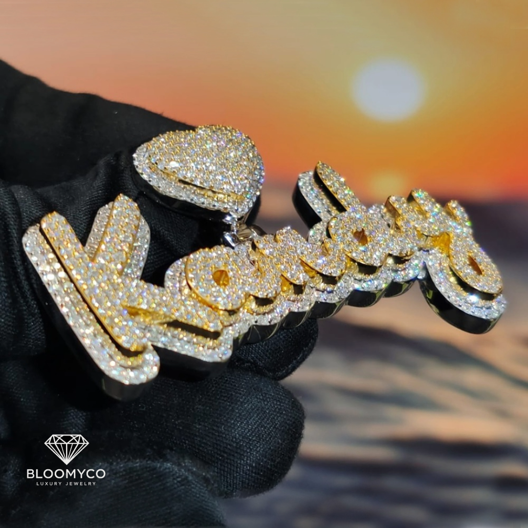 Custom Heart Bail Fully Iced Out Moissanite Raised Letter Pendant