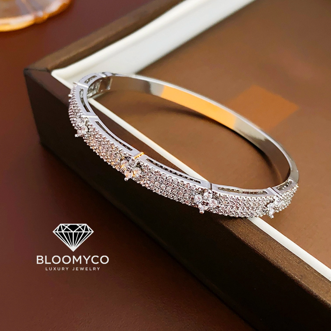 CZ Floral Pavé Bangle – Gold & White Gold Plated