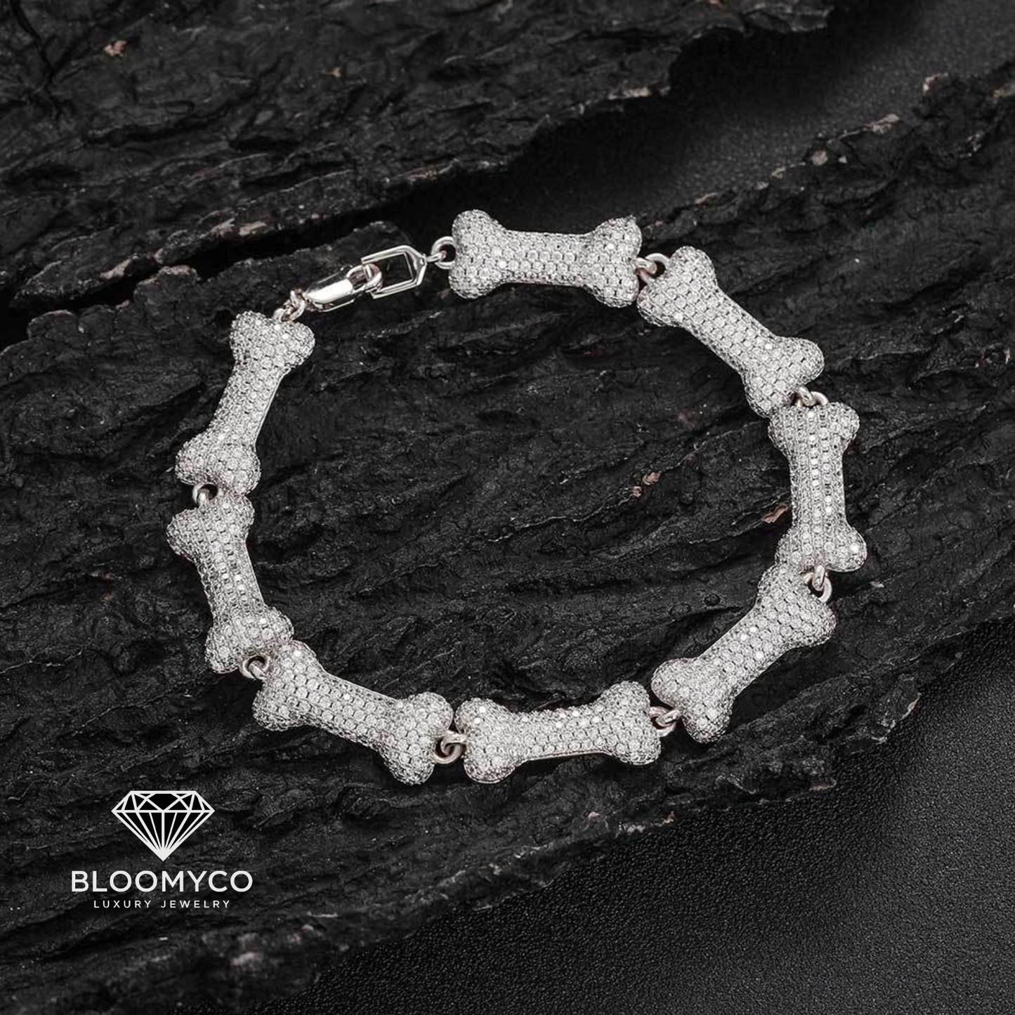 Iced Out Bone Link Bracelet – Silver Plated Brass with CZ Stones