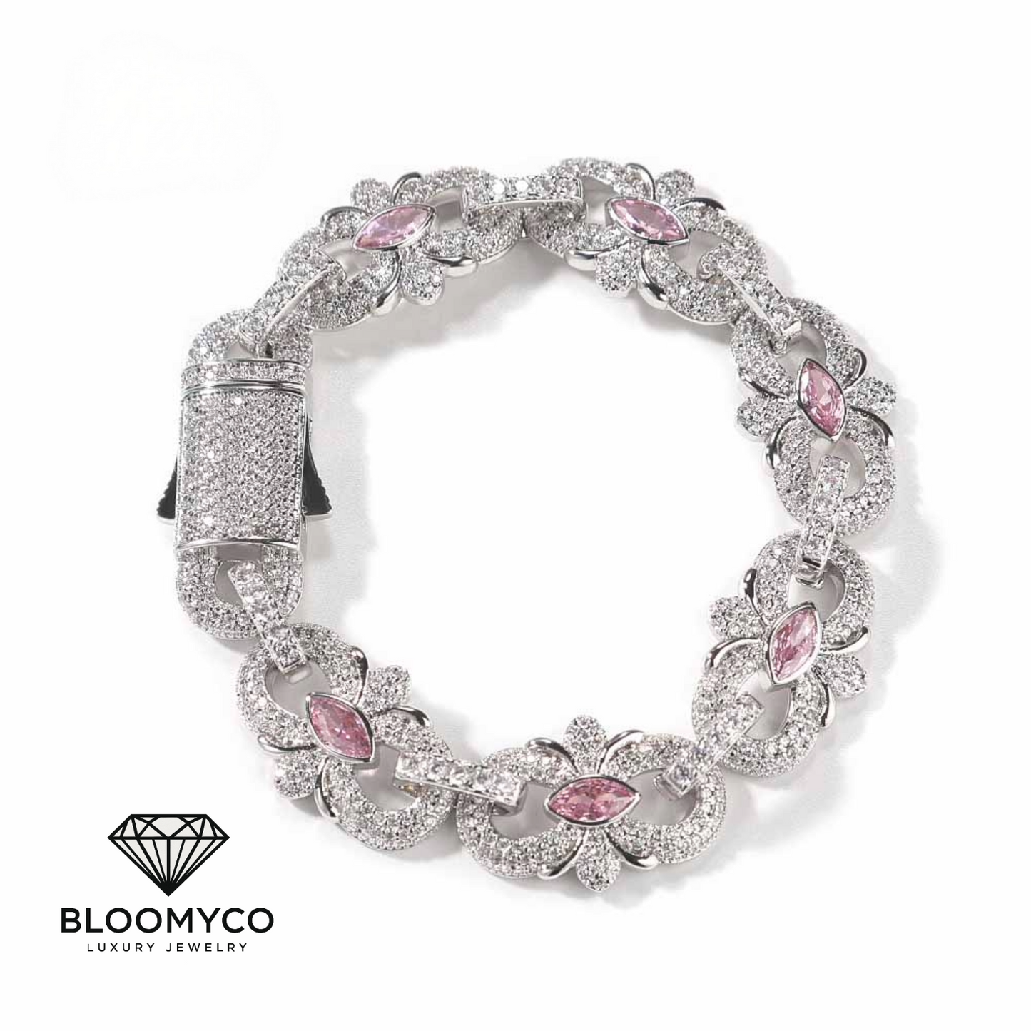 Flower Link CZ Bracelet – White Gold Plated