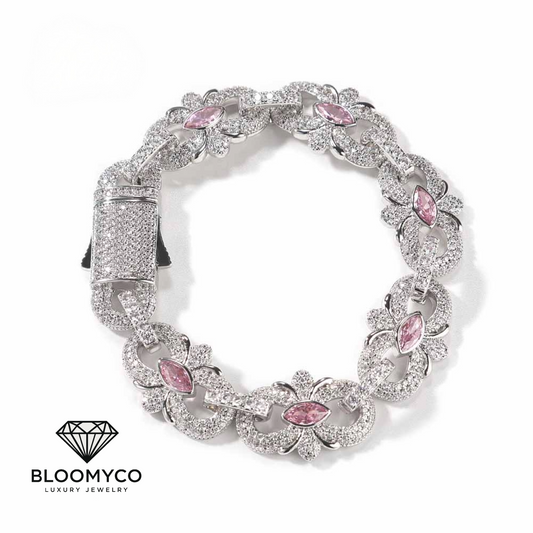 Flower Link CZ Bracelet – White Gold Plated