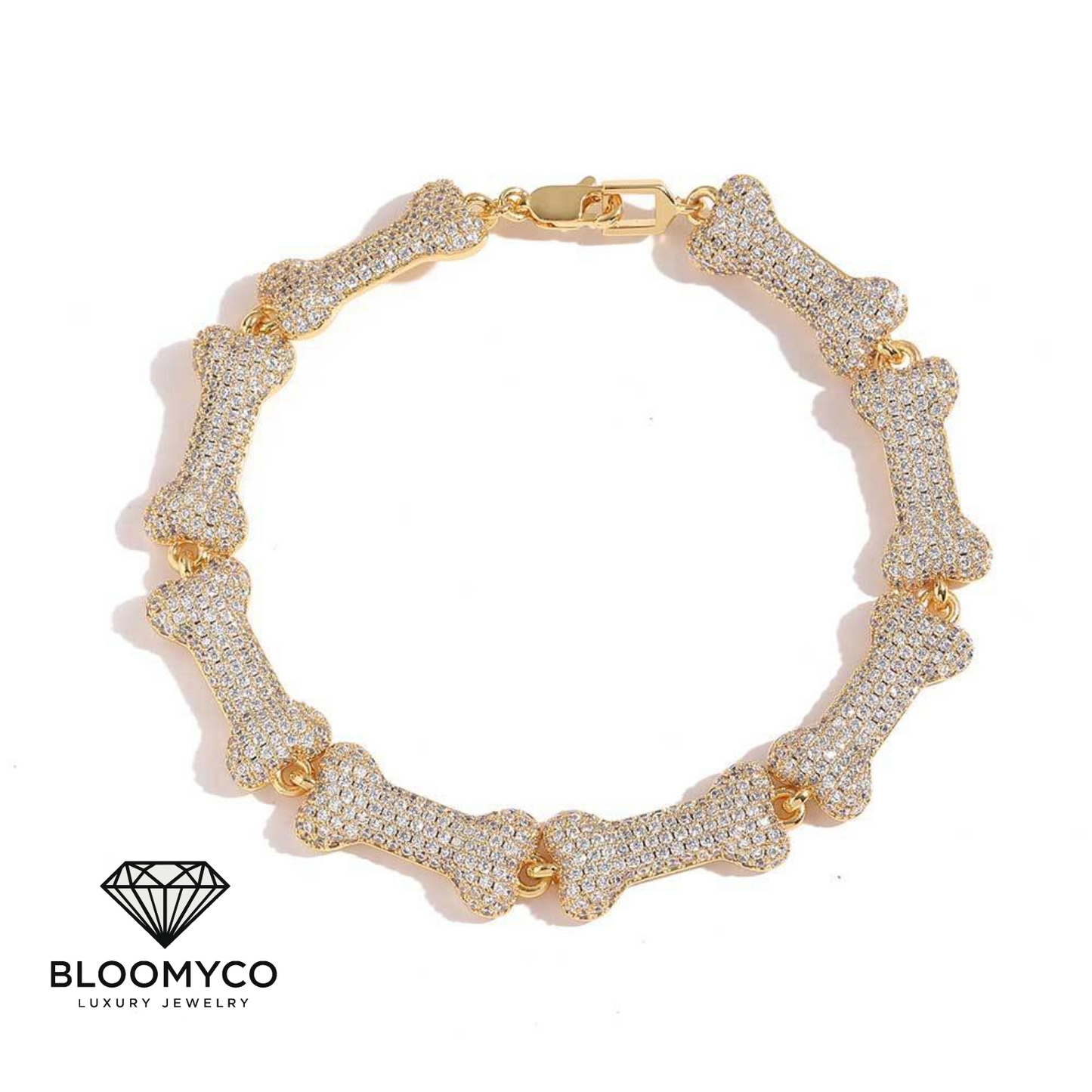 Iced Out Bone Link Bracelet – Silver Plated Brass with CZ Stones