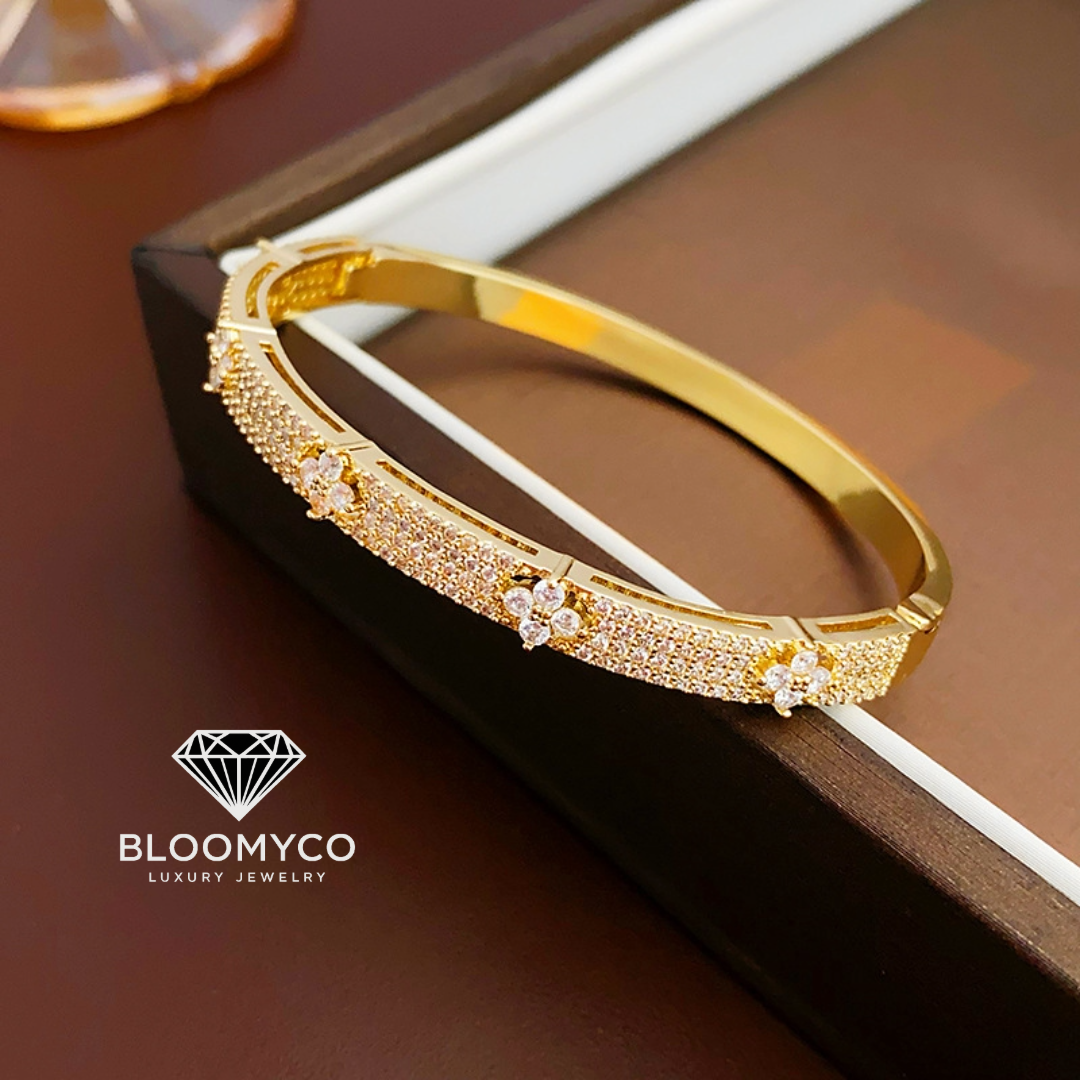 CZ Floral Pavé Bangle – Gold & White Gold Plated