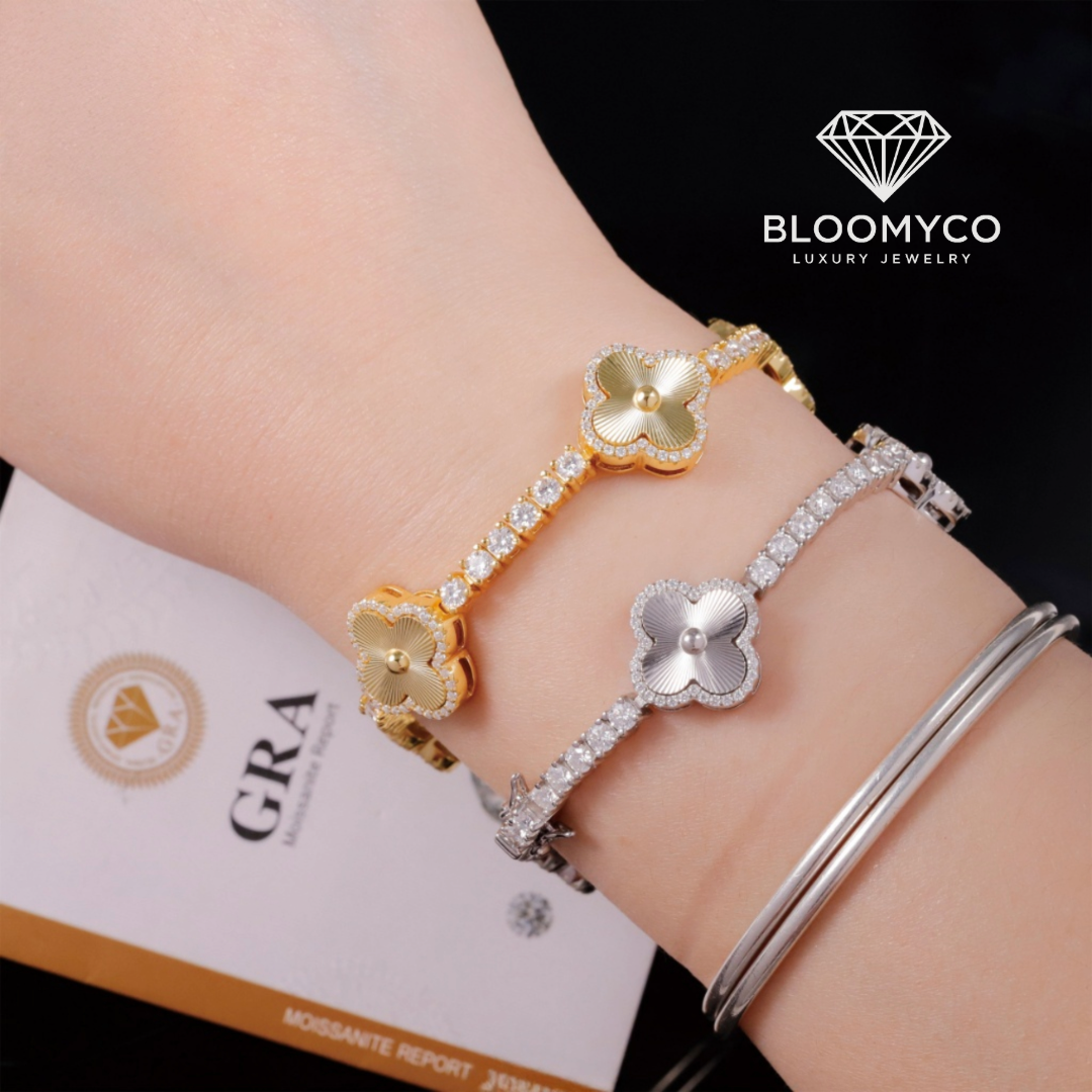 14K Gold 3MM Moissanite Four-Leaf Clover Tennis Bracelet