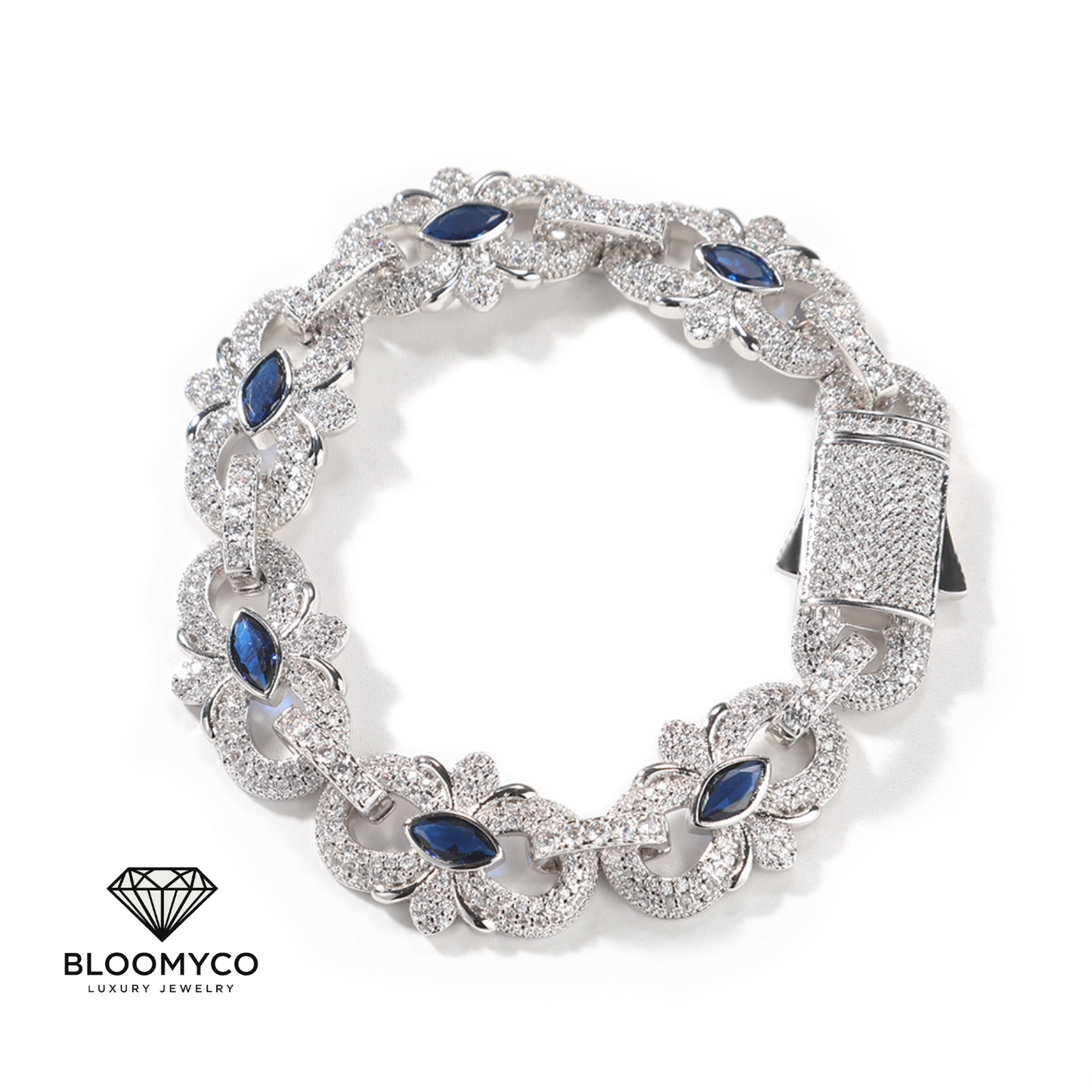 Flower Link CZ Bracelet – White Gold Plated