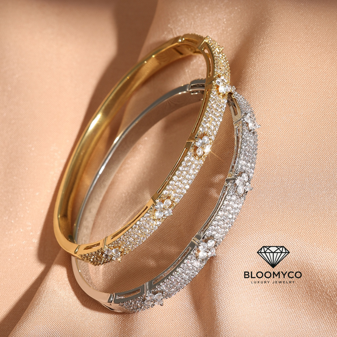 CZ Floral Pavé Bangle – Gold & White Gold Plated