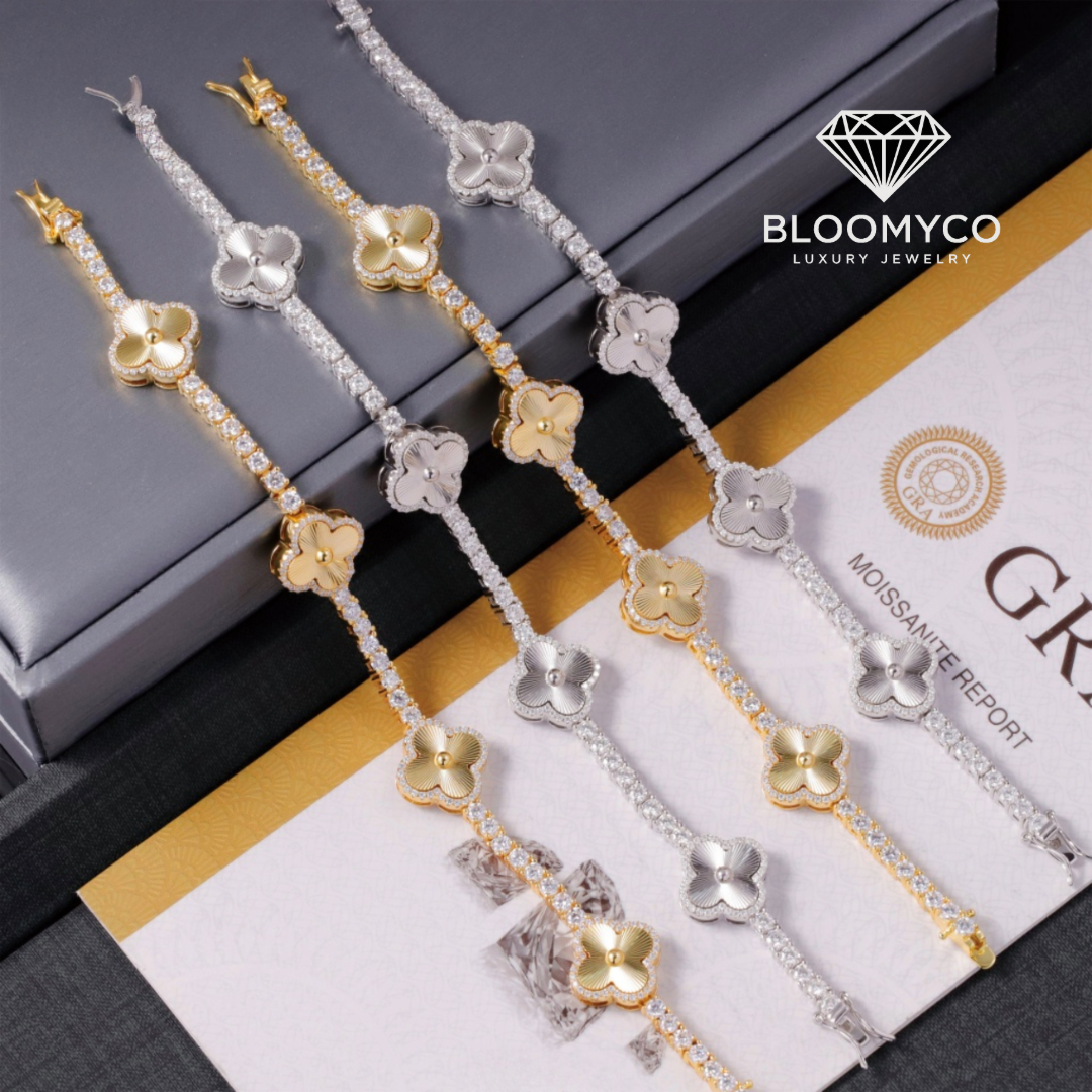 14K Gold 3MM Moissanite Four-Leaf Clover Tennis Bracelet