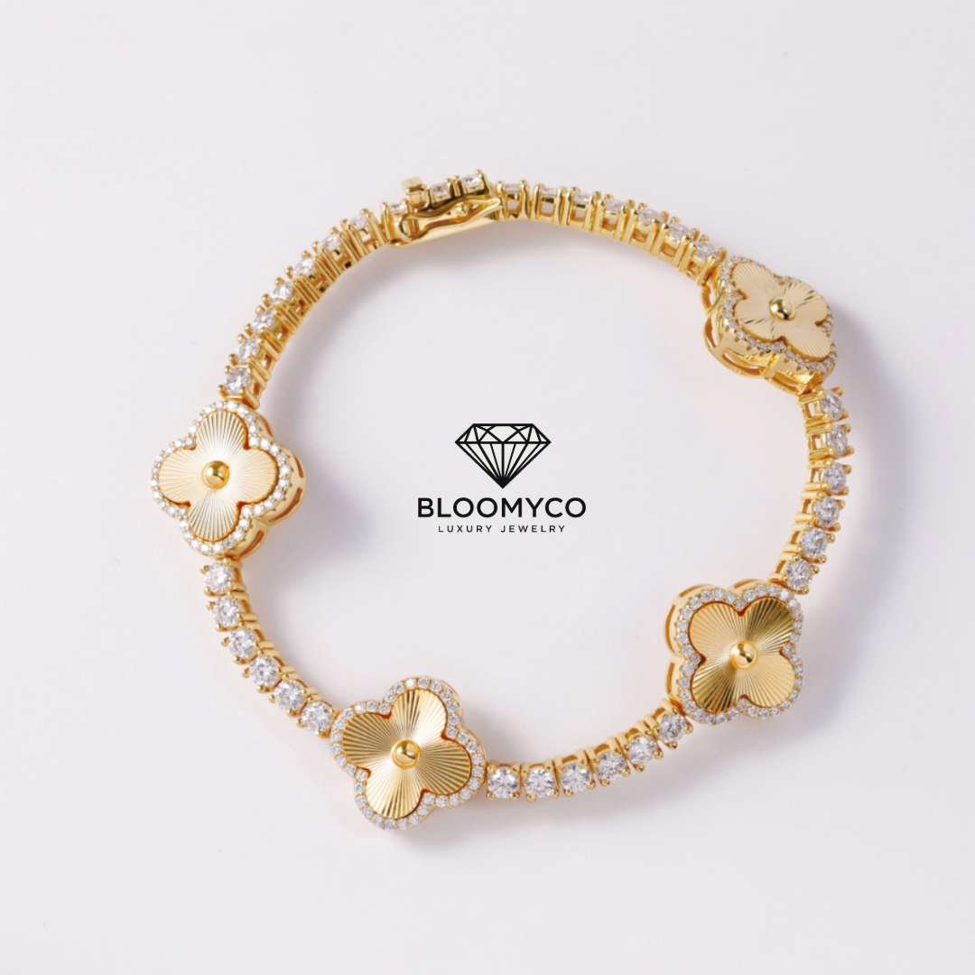 14K Gold 3MM Moissanite Four-Leaf Clover Tennis Bracelet