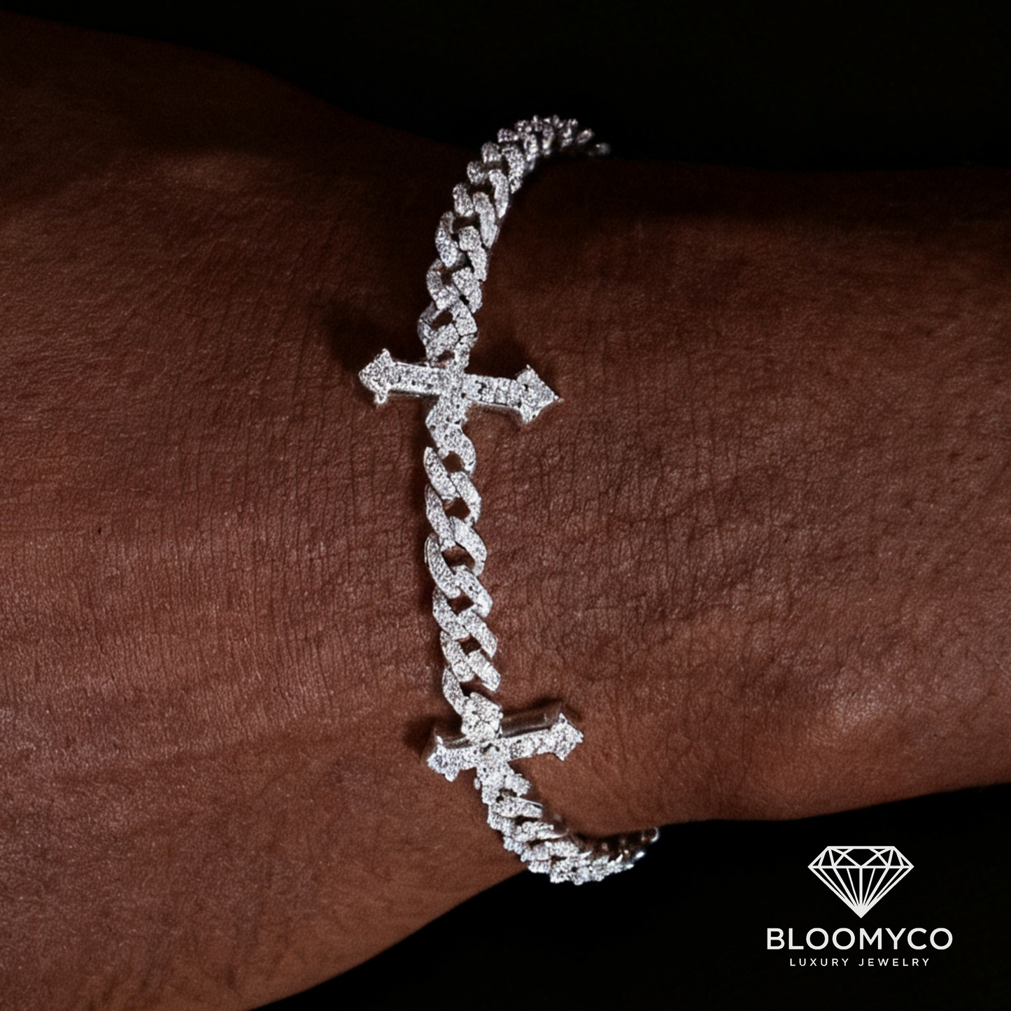 6MM Moissanite Cross Cuban Link Bracelet 14K Gold