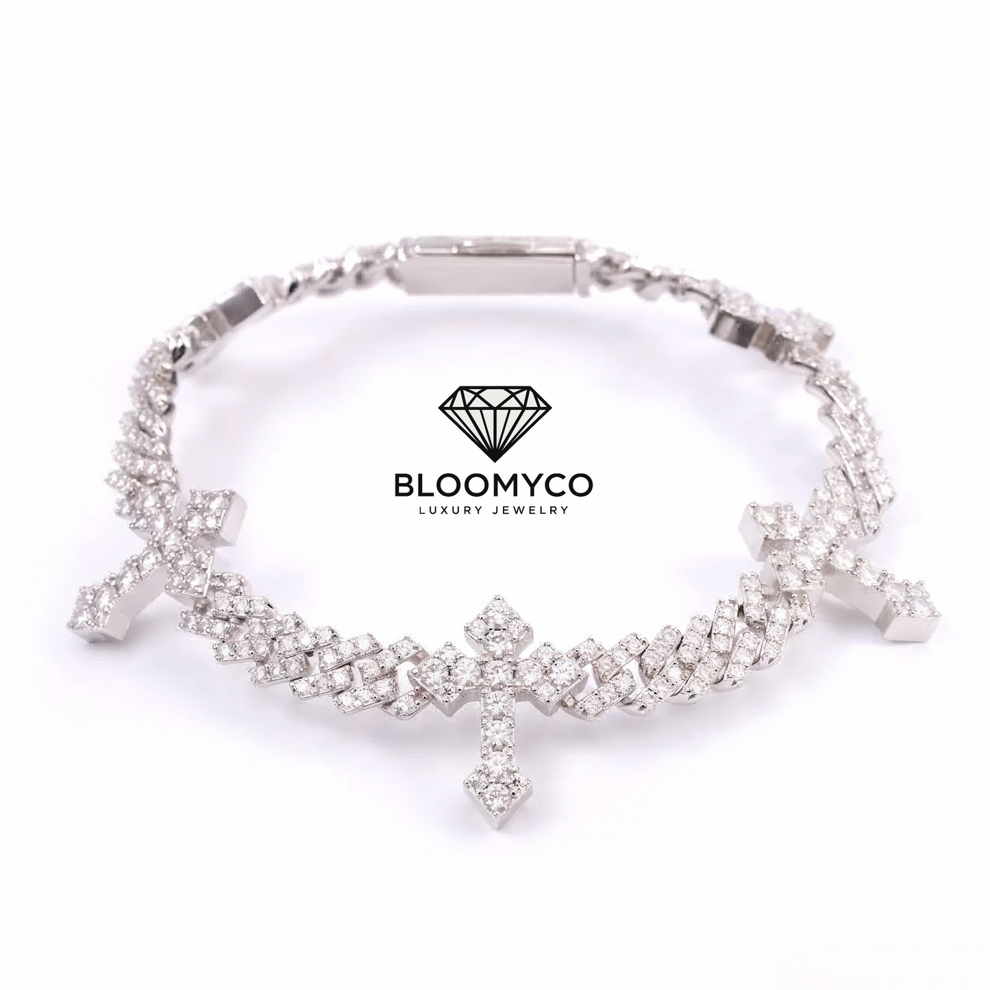 6MM Moissanite Cross Cuban Link Bracelet 14K Gold