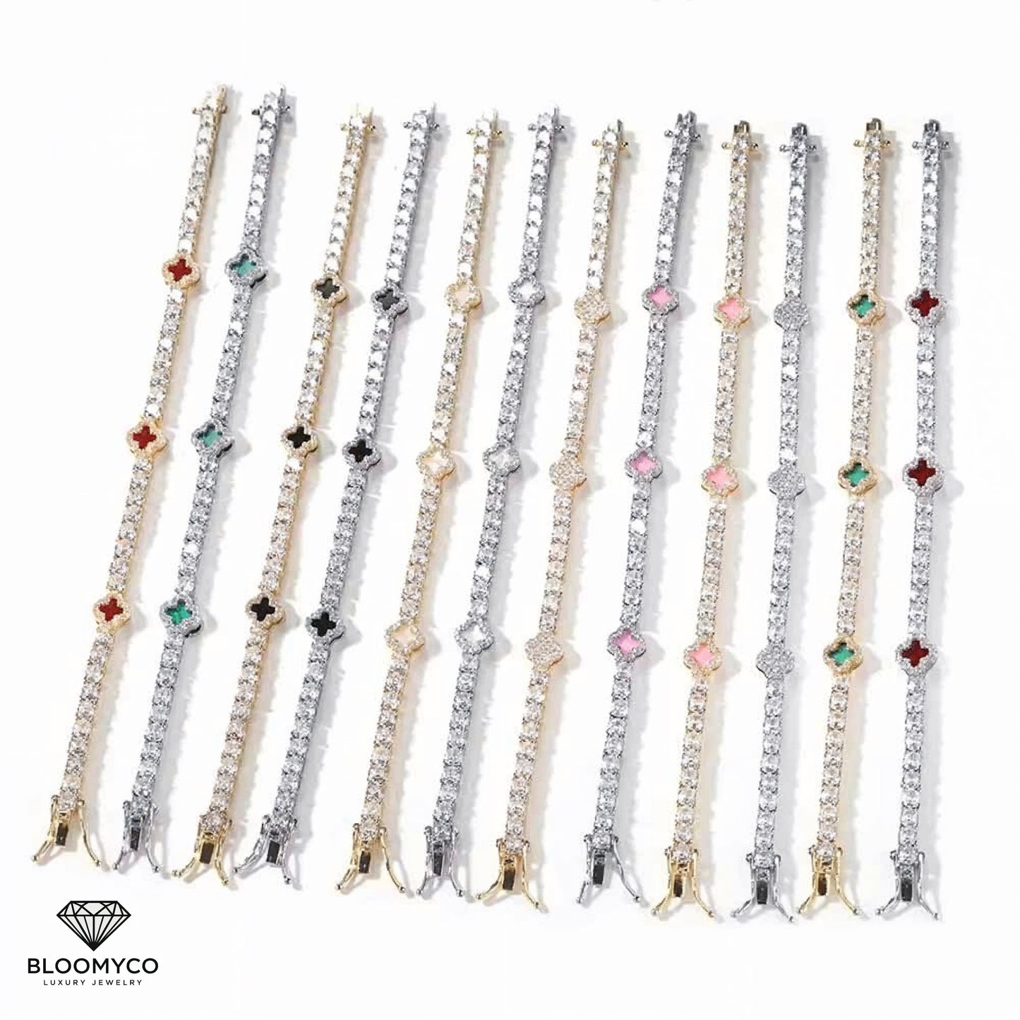 Four-Leaf Clover CZ Tennis Bracelet – Gold & Silver Plated